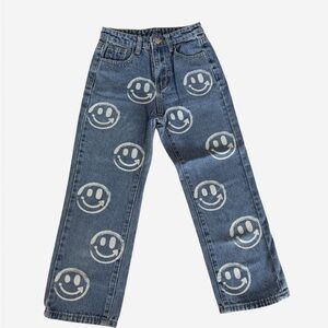 SHEIN Blue Denim Jeans with White Smile Face Prints